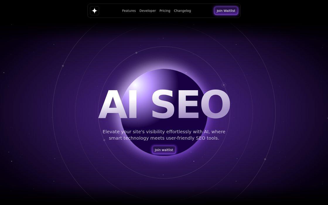 AI SEO landing page with a glowing purple sphere behind large AI SEO lettering