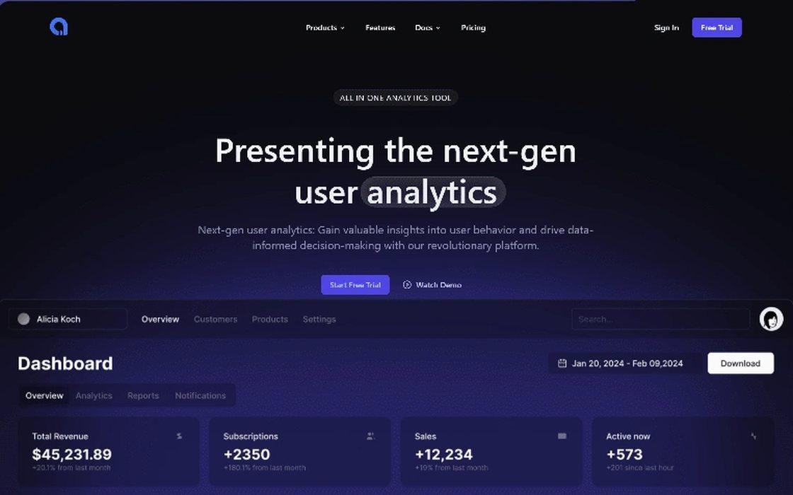 AnalytiX landing page showing a dark hero above an analytics dashboard with revenue and sales metrics