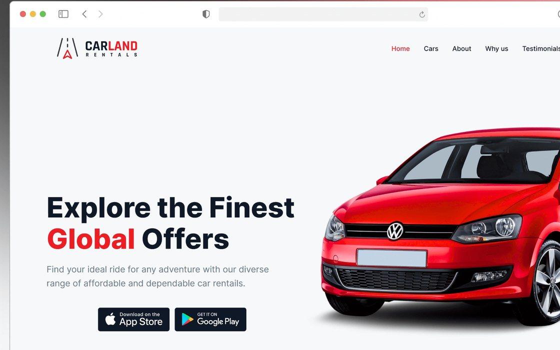 Carland Rentals homepage showing a red car beside the headline Explore the Finest Global Offers