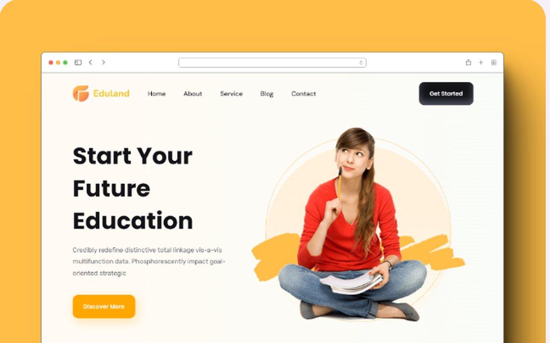 Eduland online education homepage with a student illustration and yellow accents