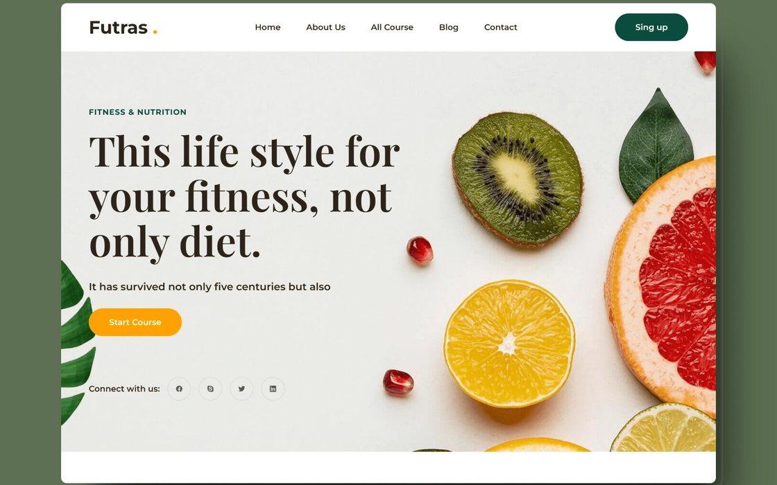 Futras landing page with the headline This life style for your fitness, not only diet over fresh fruit photography
