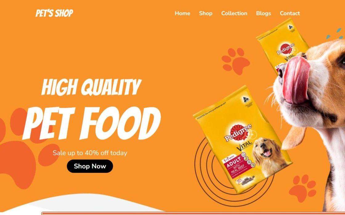 Pet's Shop homepage with an orange hero banner featuring a beagle and pet food packs