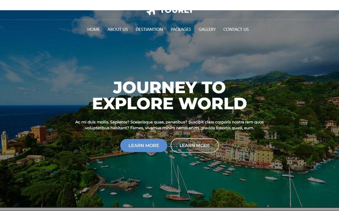 Tourly travel agency homepage with a coastal village hero image